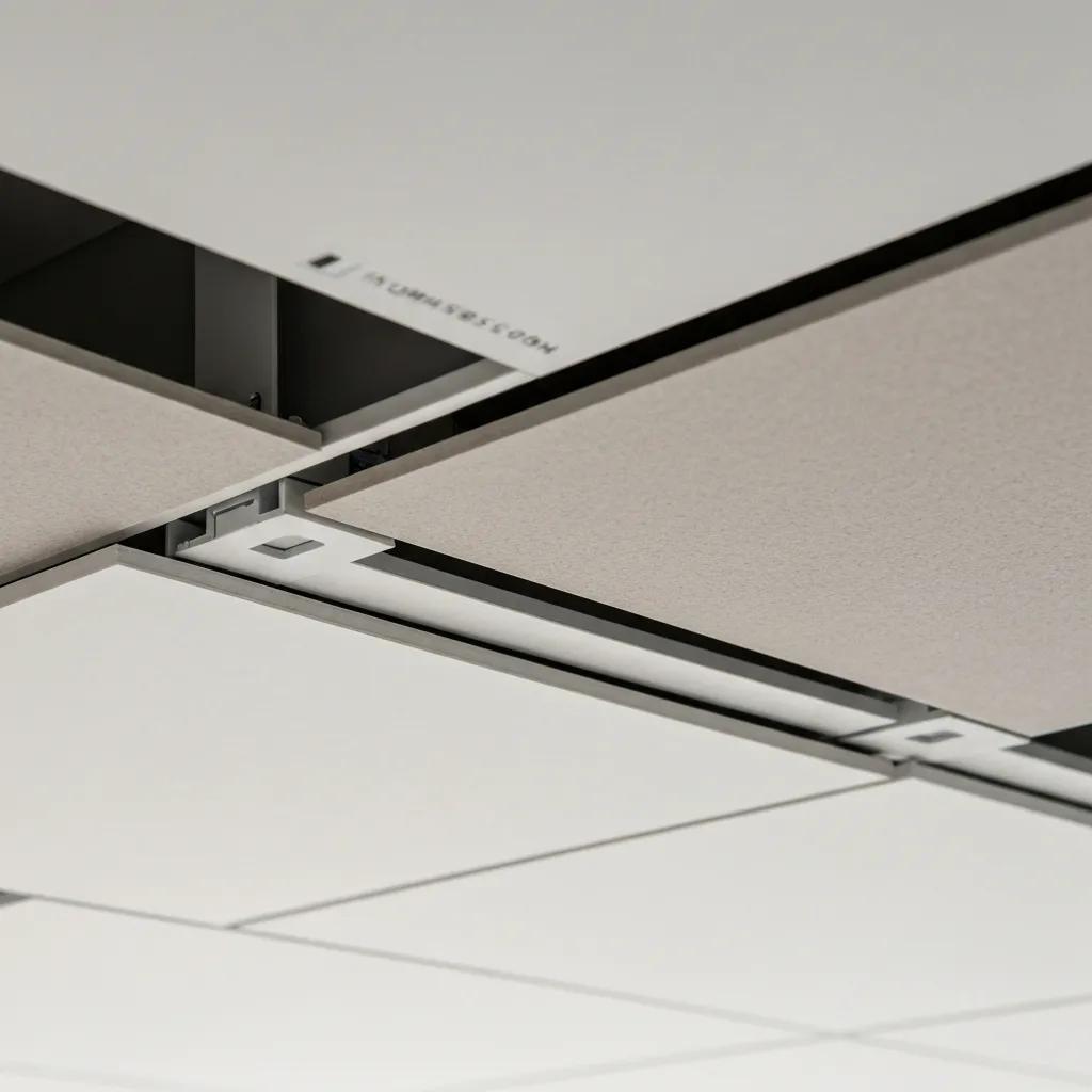 Close-up of a suspended ceiling installation showcasing fire-rated ceiling tiles and safety features, relevant to professional fit-out services in South Wales.