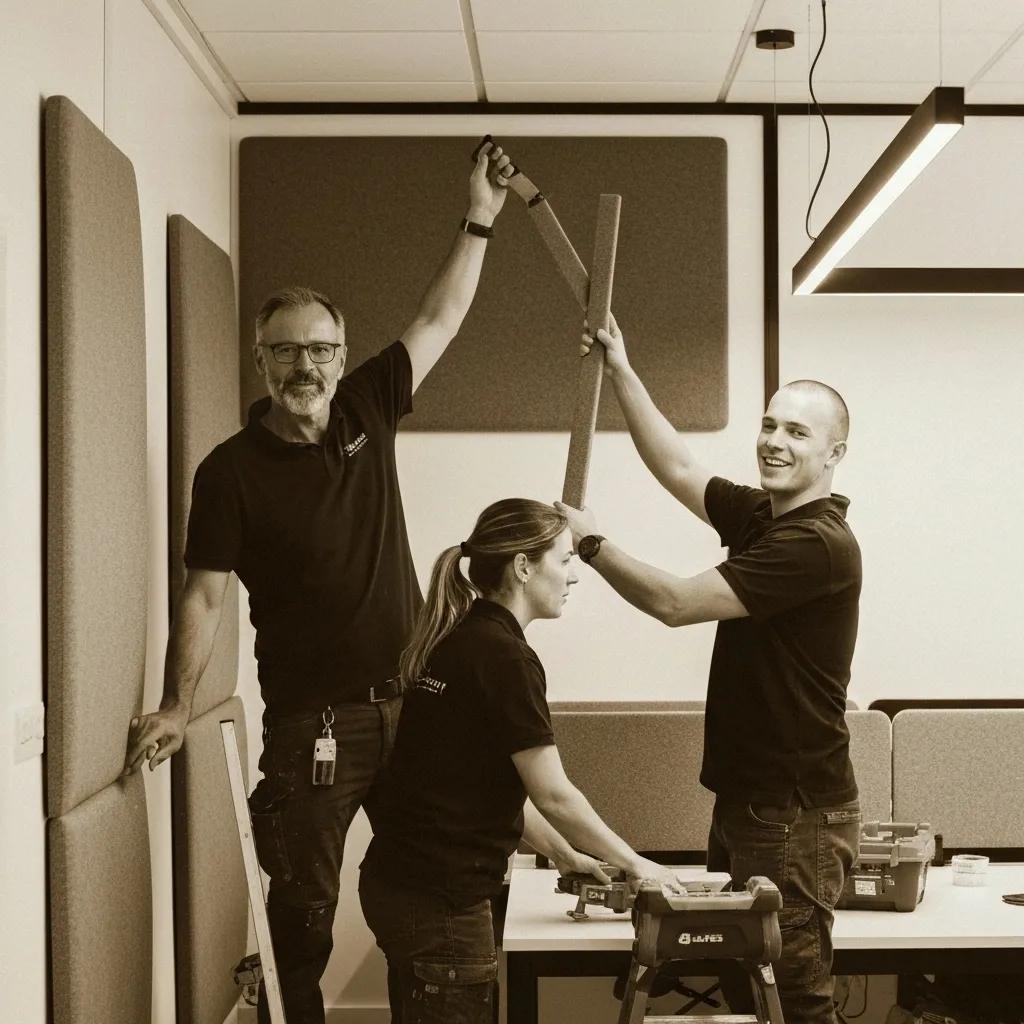 Fit-out team installing acoustic panels and modern lighting in an office space, enhancing workplace acoustics and design.