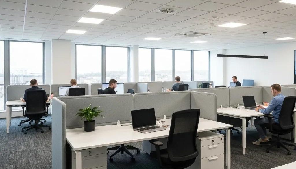 Modern office workspace with ergonomic furniture and stylish partitions, featuring employees engaged in work at desks, emphasizing productivity and design in commercial fit-out services in South Wales.