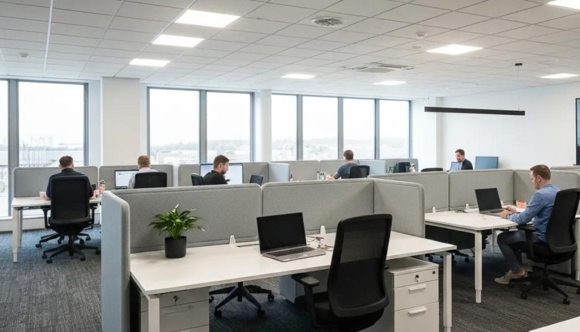 Modern office fit-out in South Wales with stylish partitions and ergonomic furniture