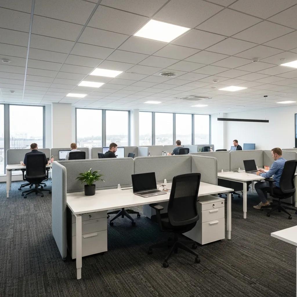 Modern office workspace featuring ergonomic furniture, stylish partitions, and multiple workstations in South Wales, emphasizing functionality and design in commercial interiors.