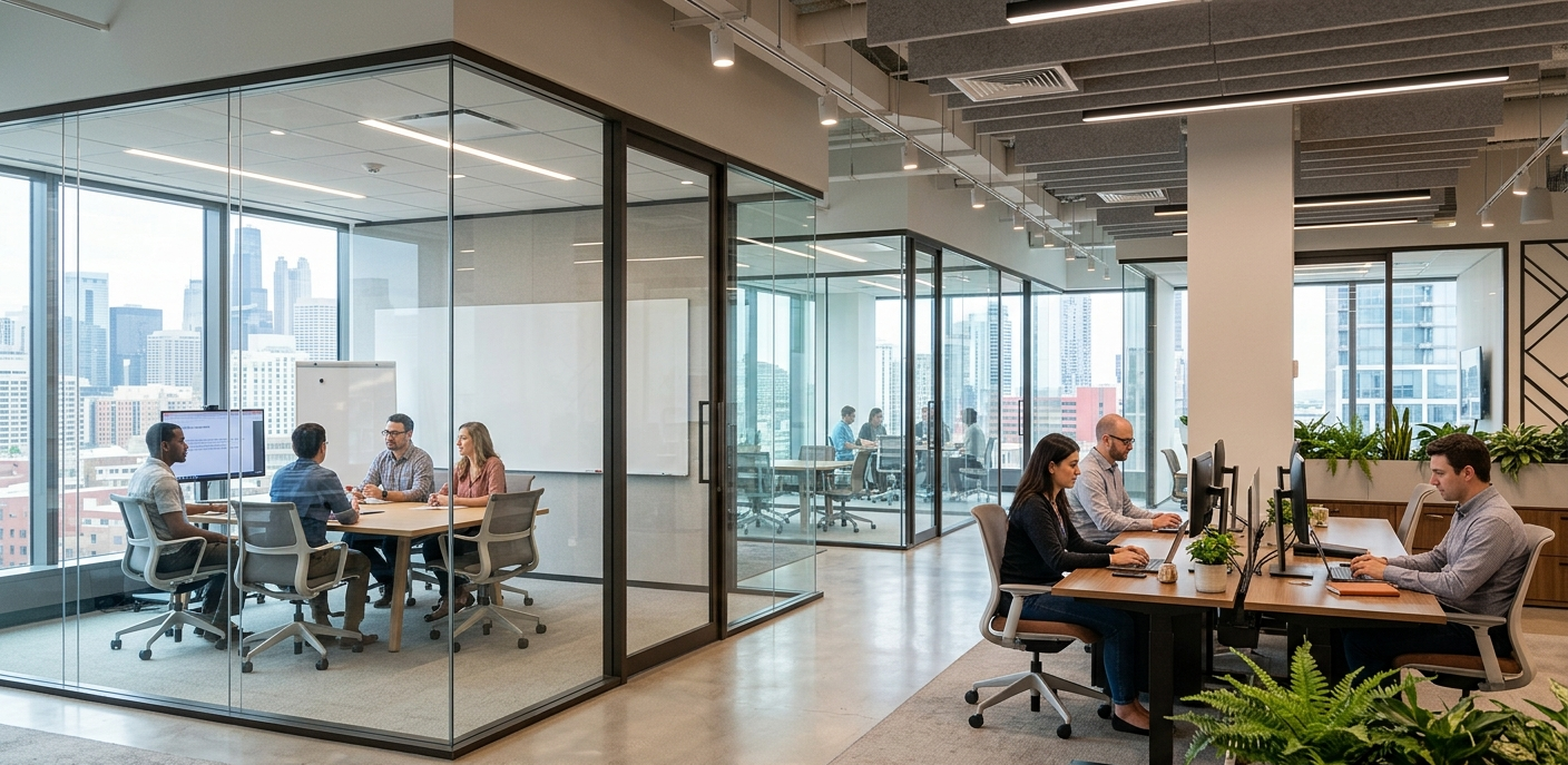 glass office partitions meeting room South Wales commercial fit out