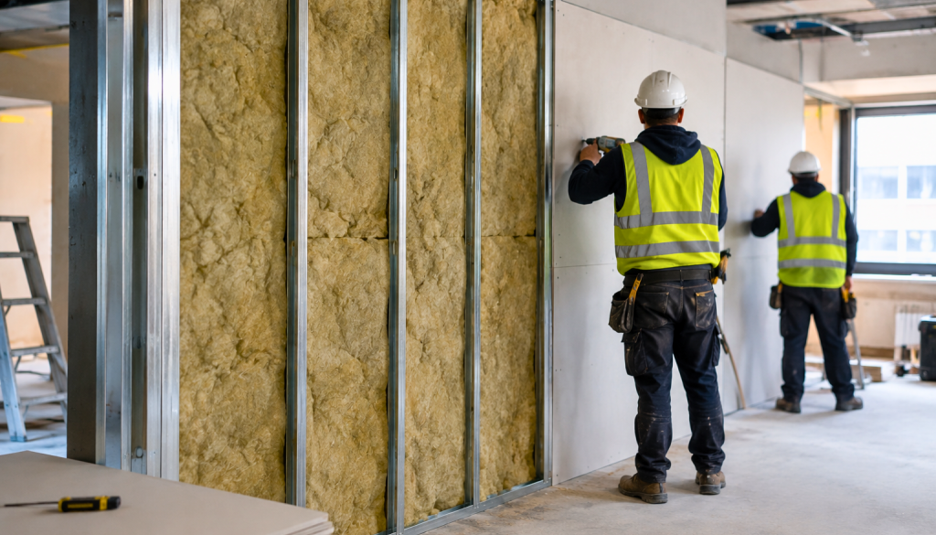Metal stud office partition with mineral wool insulation being boarded with plasterboard during a commercial refurbishment