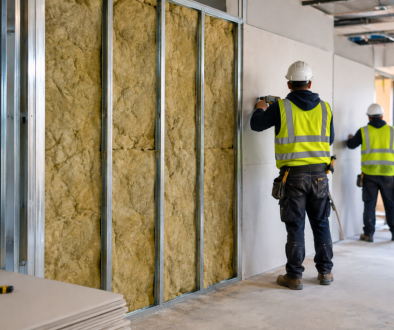 Metal stud office partition with mineral wool insulation being boarded with plasterboard during a commercial refurbishment
